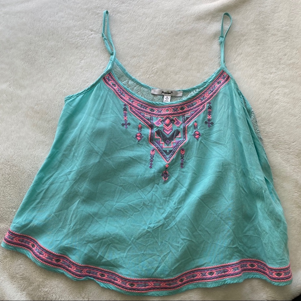 Flouncy Teal Neon Embroidered Tank Top